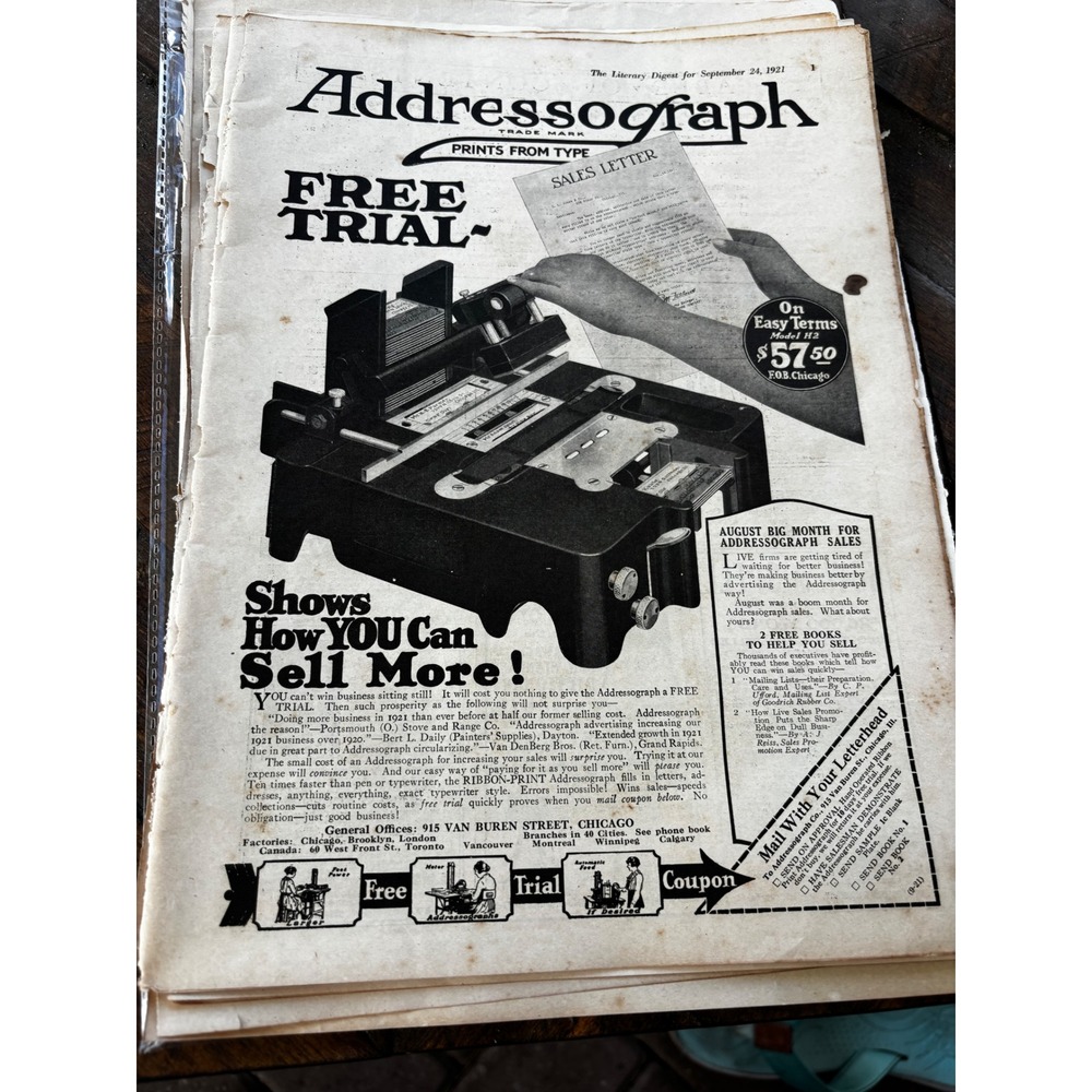 Vintage The Literary Digest 1921 Print Ad Addressograph Office Decor Ephemera
